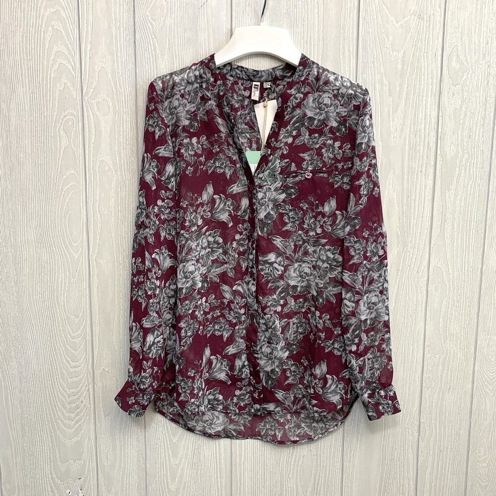 Kut From The Kloth Wine Floral Long Sleeve Sheer Top Small NWT